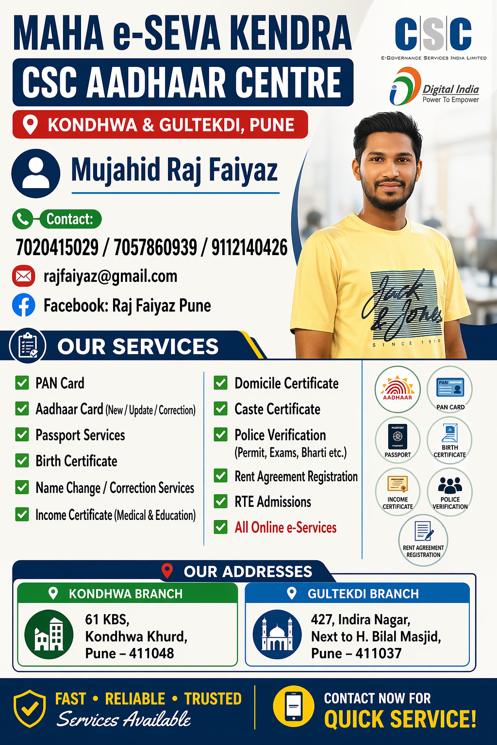 Mujahid Raj Faiyaz - Maha e-Seva Kendra, CSC Aadhaar Centre Pune poster